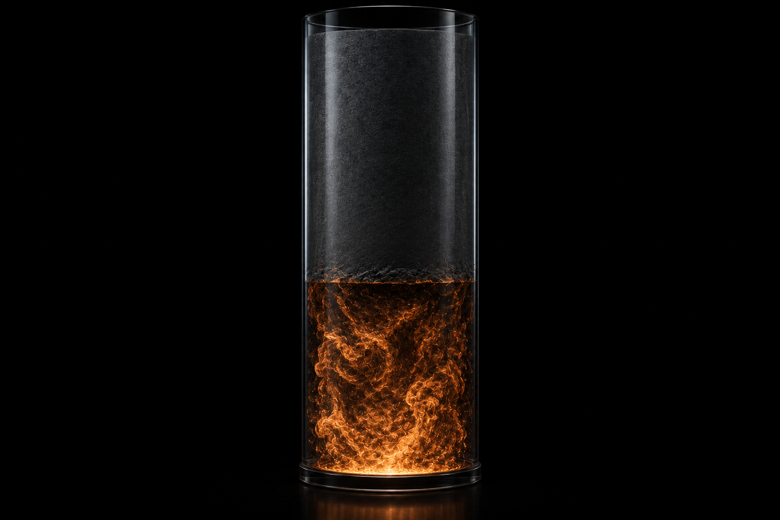 A glass column of dark ash churning in its lower third while the upper two thirds stay still