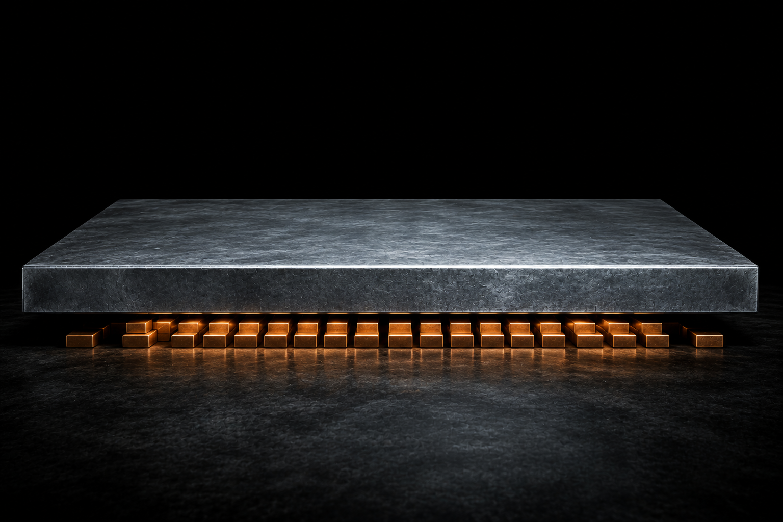 A large steel plate held up by a layer of blocks that is visibly thinner than it needs to be, gaps showing at the edges