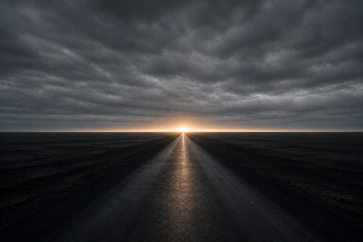 A straight road crossing a wide dark plain under a low overcast sky, a warm glow on the horizon