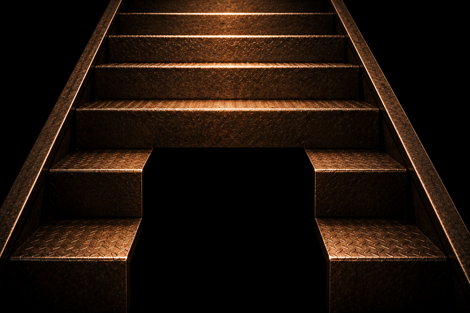 A steel stair descending evenly until one tread is missing entirely, darkness below with no floor in sight