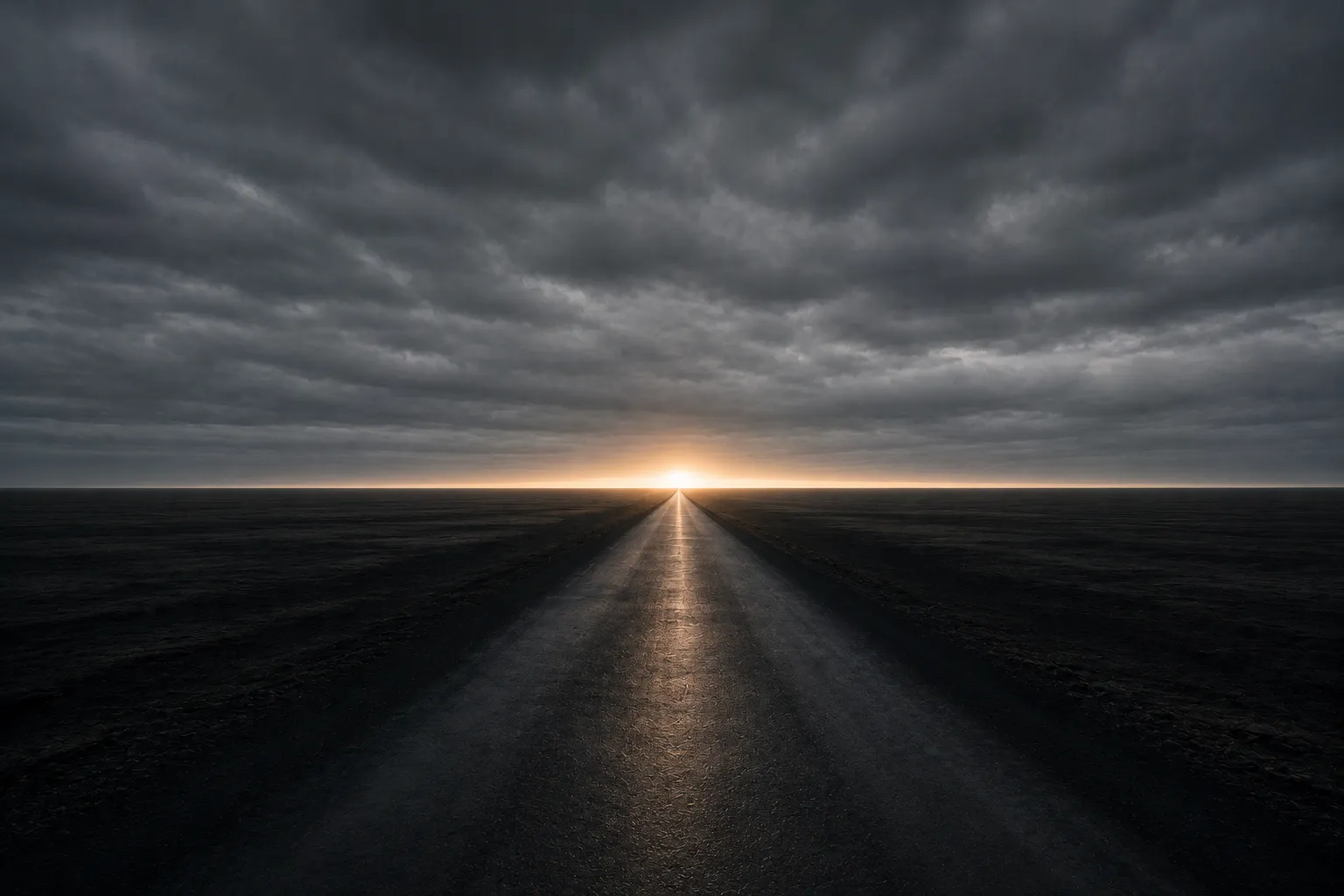 A straight road crossing a wide dark plain under a low overcast sky, a warm glow on the horizon