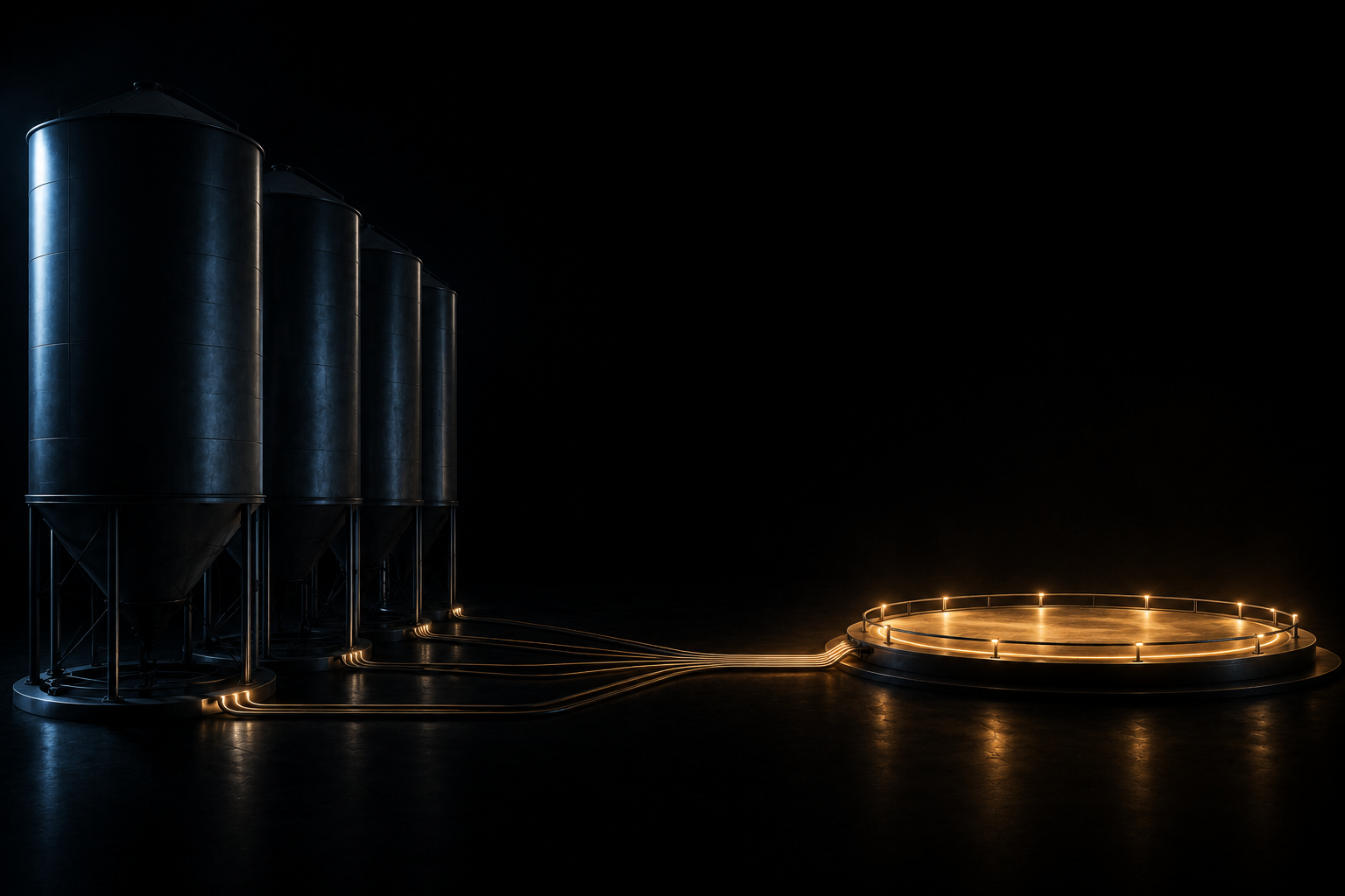Sealed steel silos standing apart in shadow, and one open connected platform lit warm