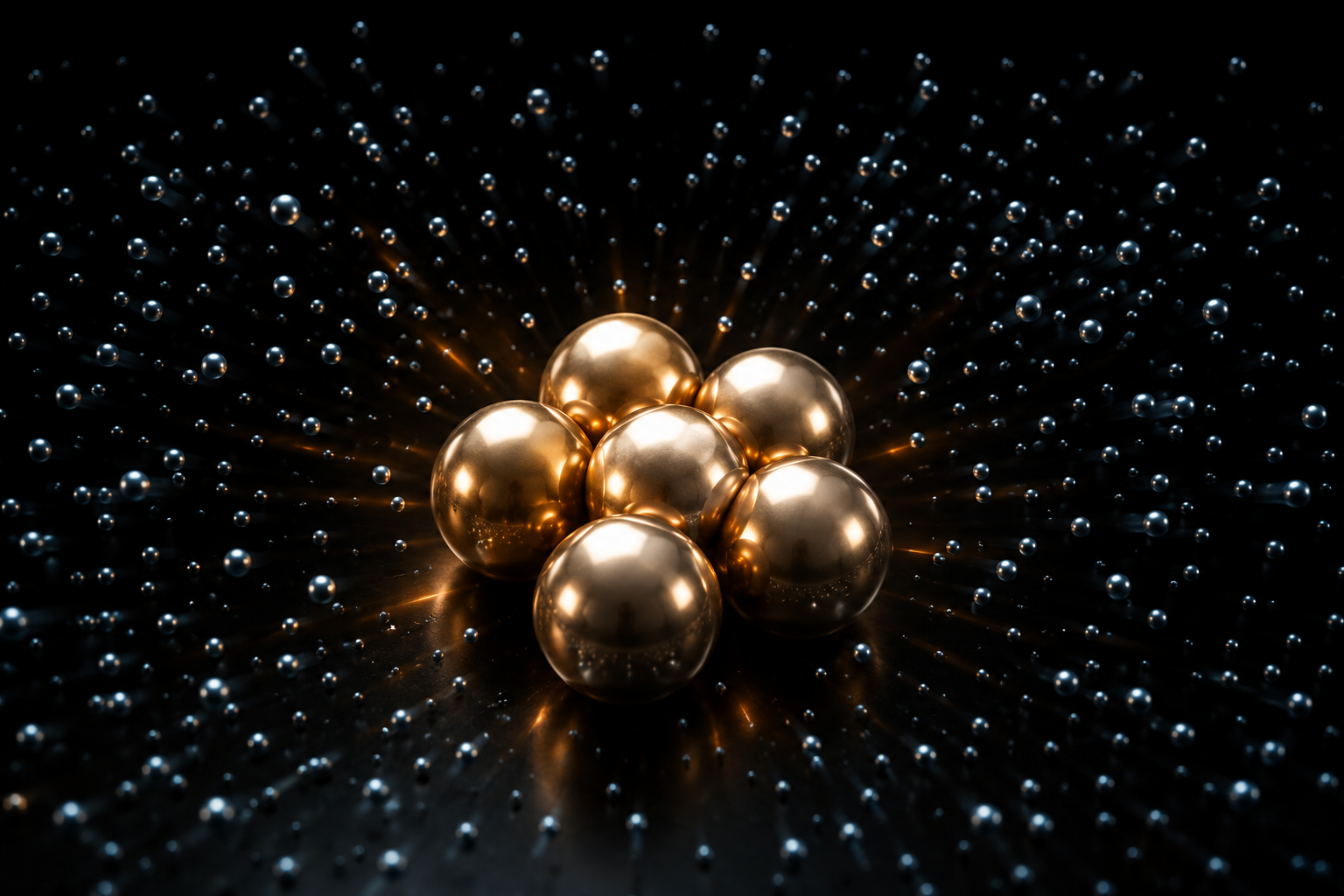 A few large metal spheres drawing together at a centre while a cloud of much smaller ones thins outward
