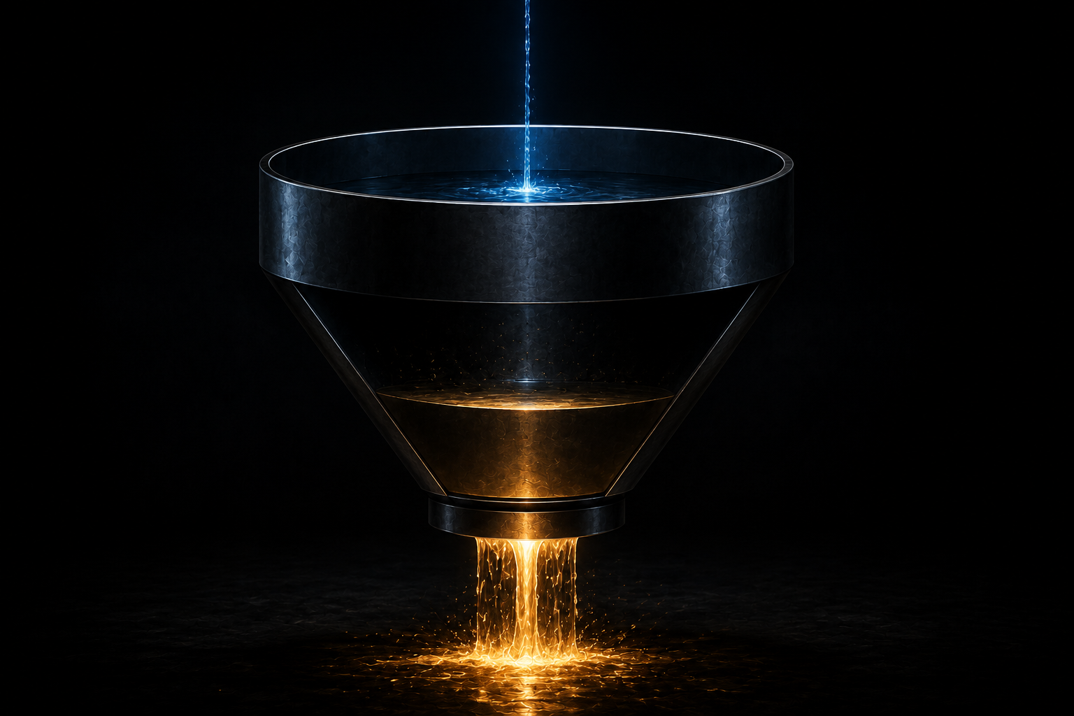 A steel vessel draining faster than it fills, a thin stream in and a wider one out