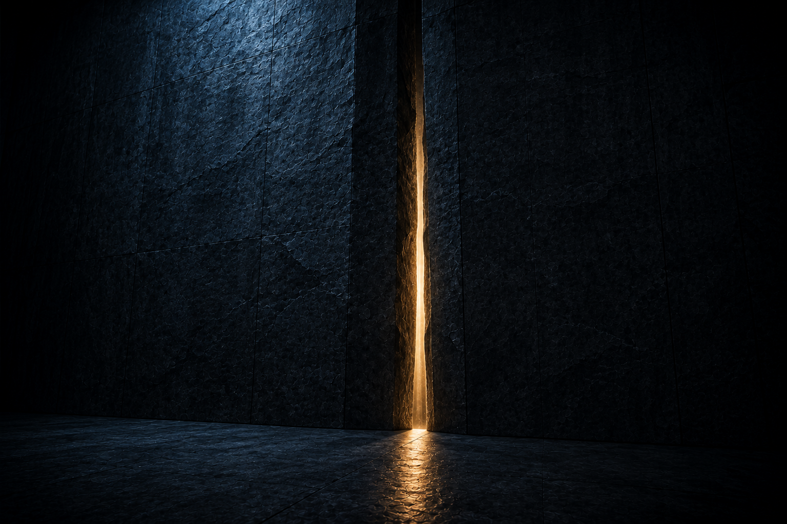 A narrow opening freshly cut through a massive stone wall, one warm beam passing through