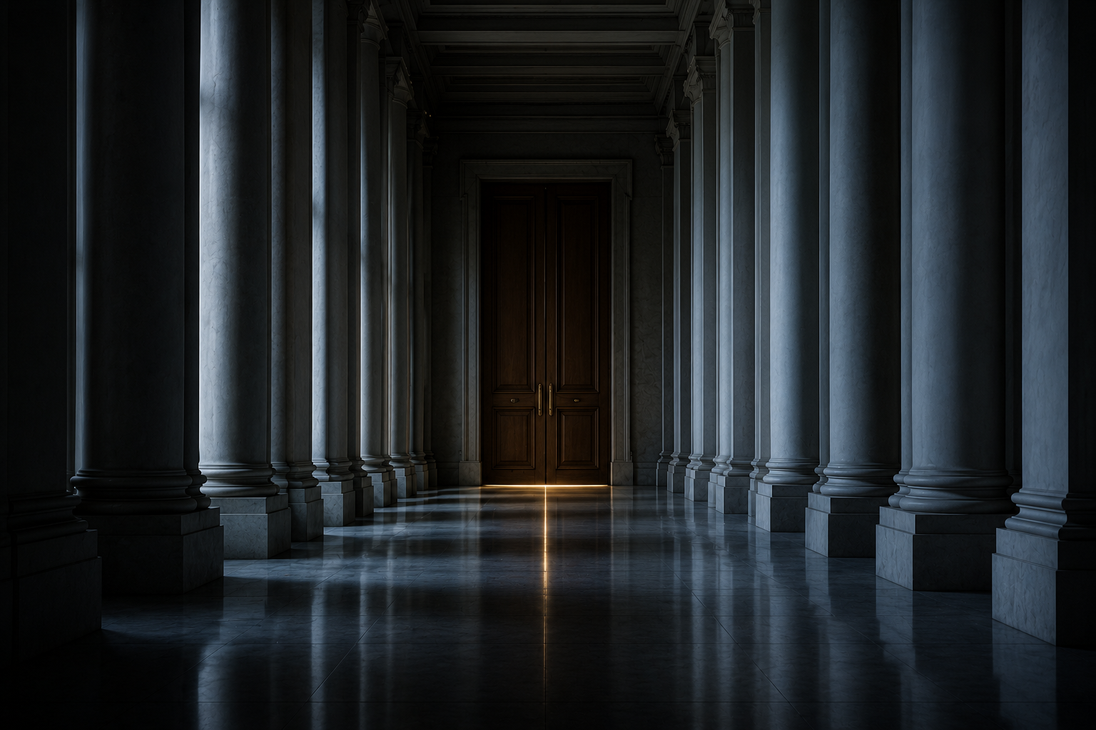A dark stone colonnade leading to tall closed doors with a thin seam of warm light beneath them