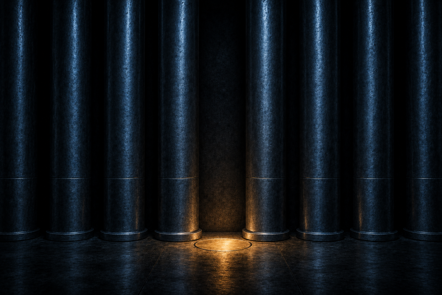 A row of identical steel columns with one gap where a column used to stand
