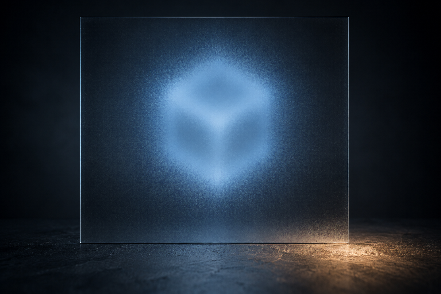 A lit blue shape behind thick frosted glass, its outline unreadable