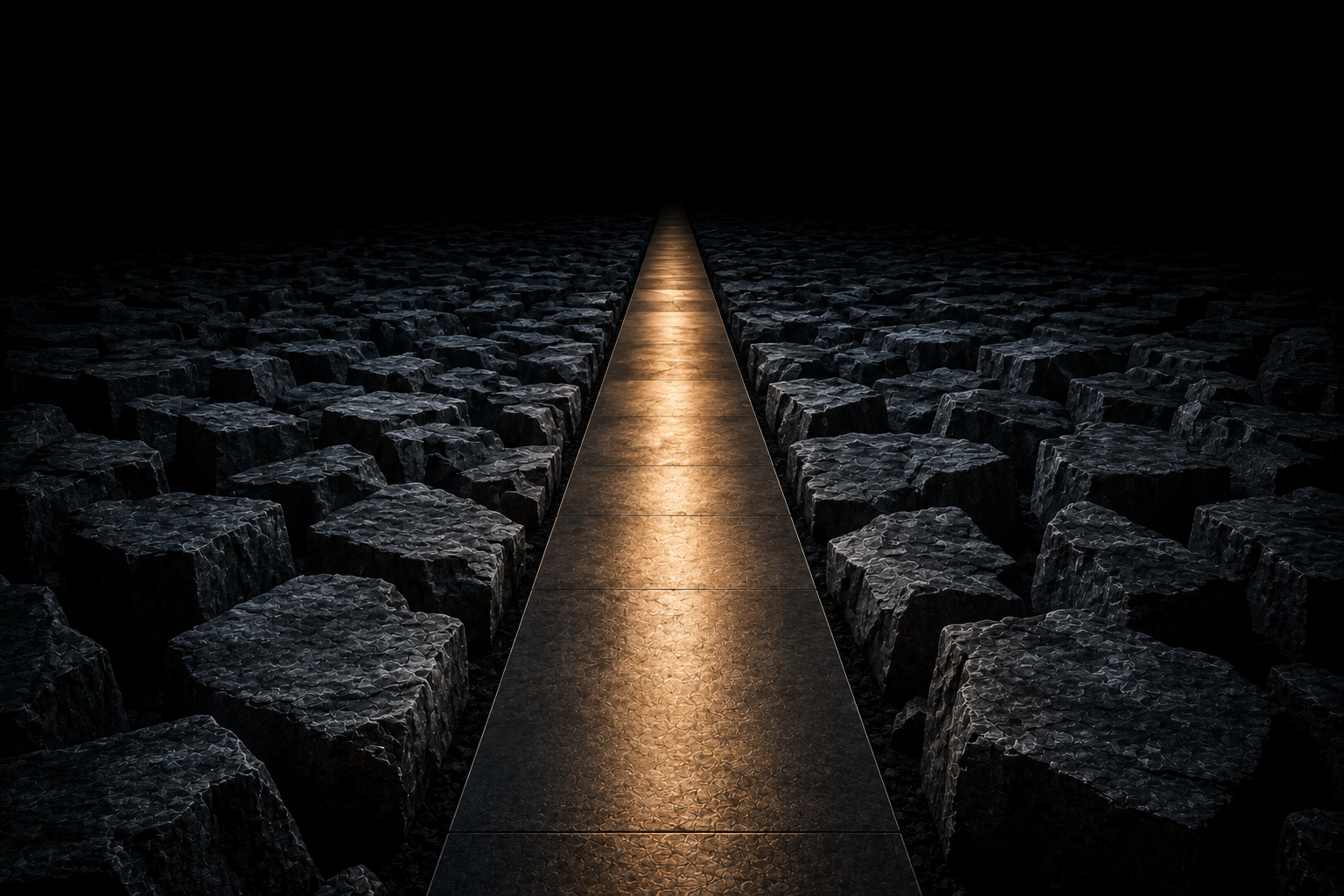 A smooth narrow path cut through a dark field of rough stone blocks