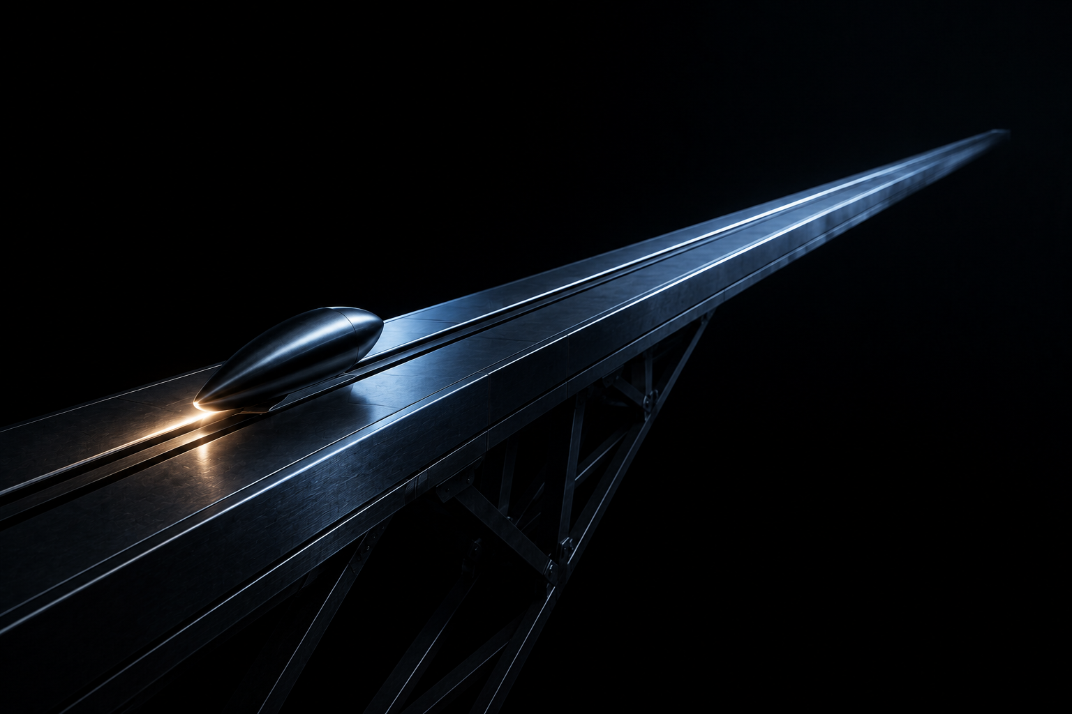 A dark metal launch rail angled upward with one small streamlined object waiting on it