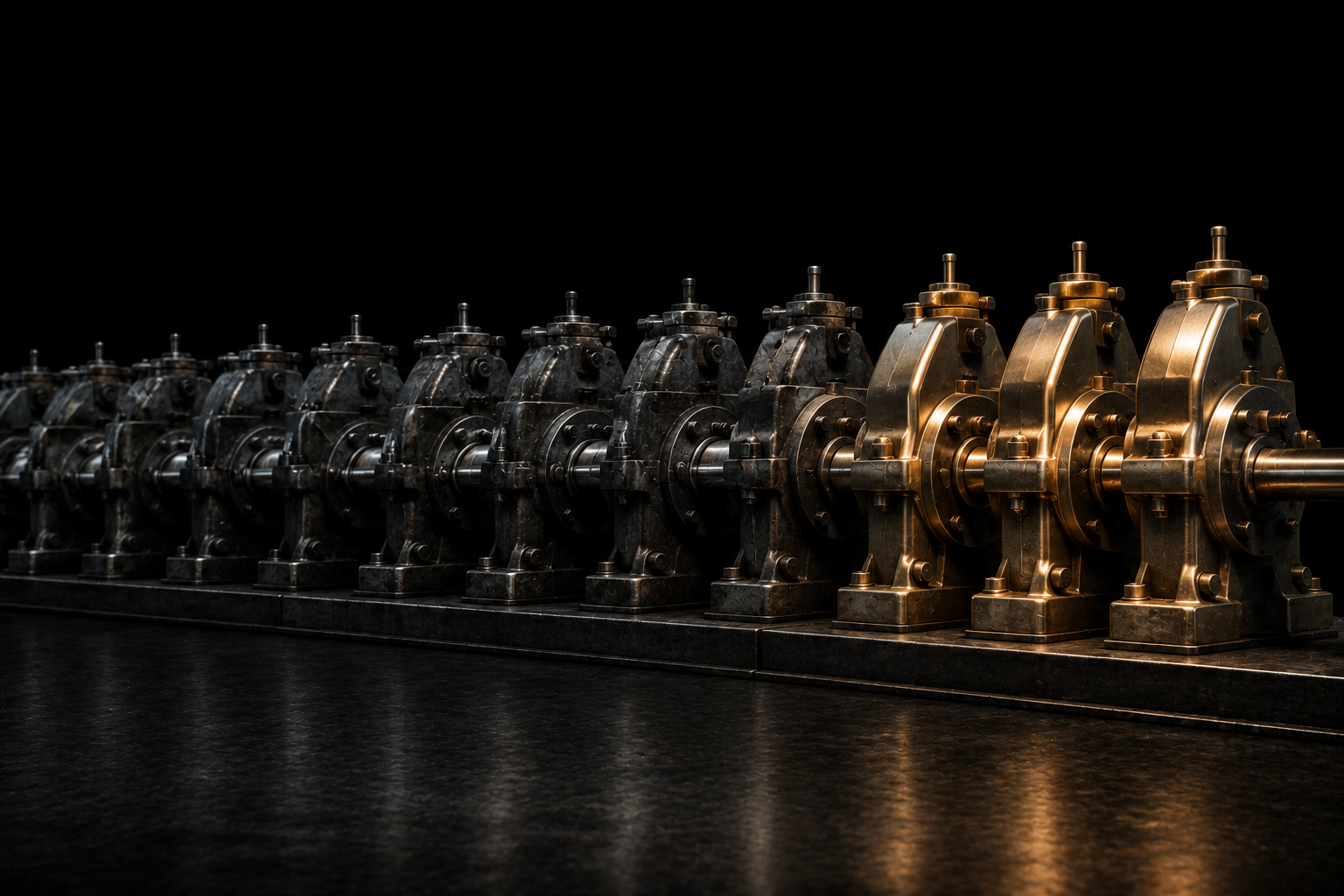 A row of darkened steel machines with three new ones added at the end, joined to the same shaft