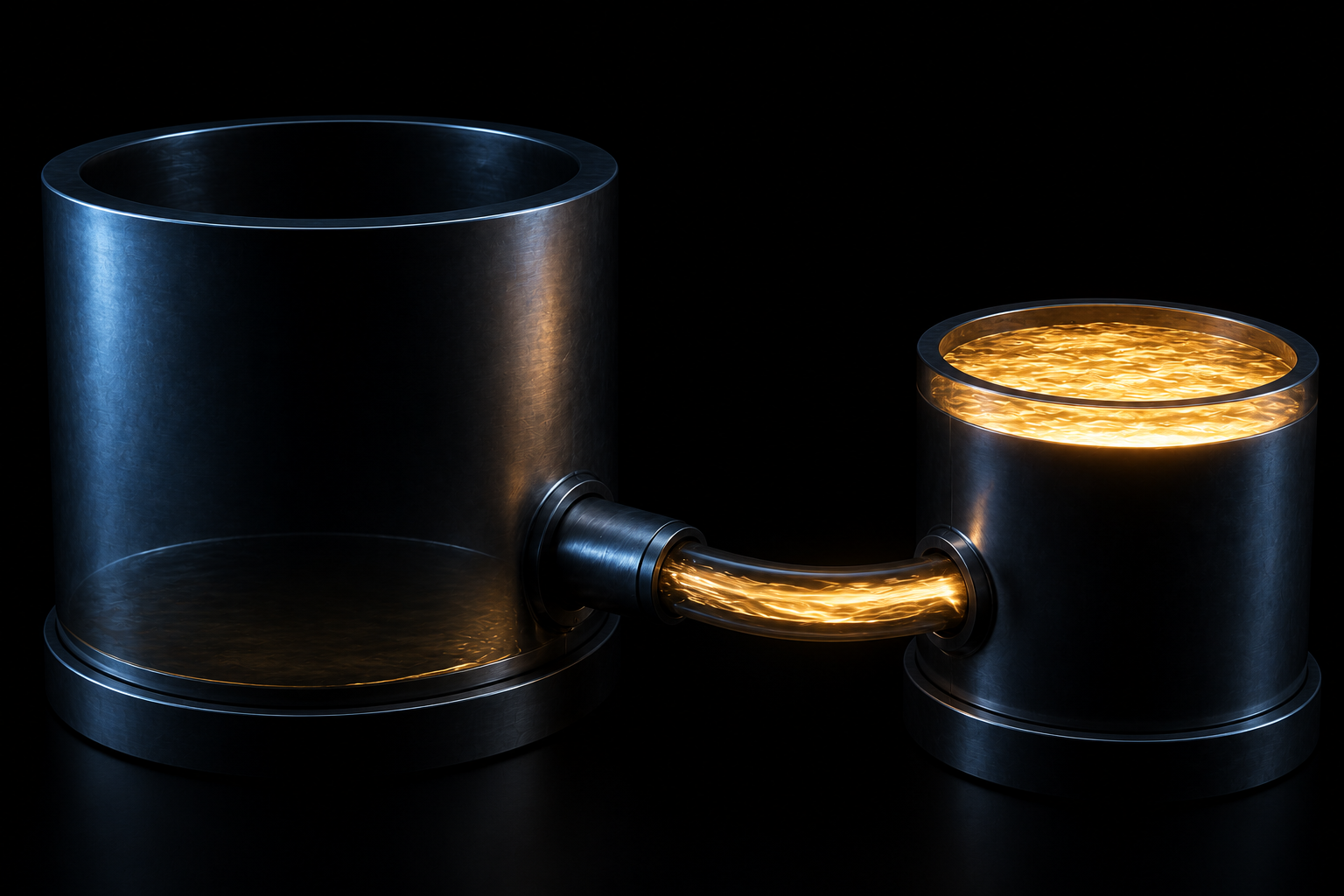 Two dark steel vessels joined by a pipe, glowing liquid flowing from the large one into the small one