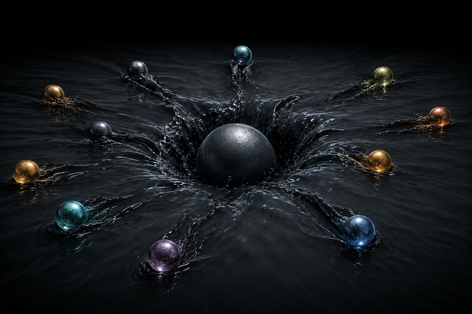 One large sphere sinking through dark liquid while a dozen smaller ones scatter sideways