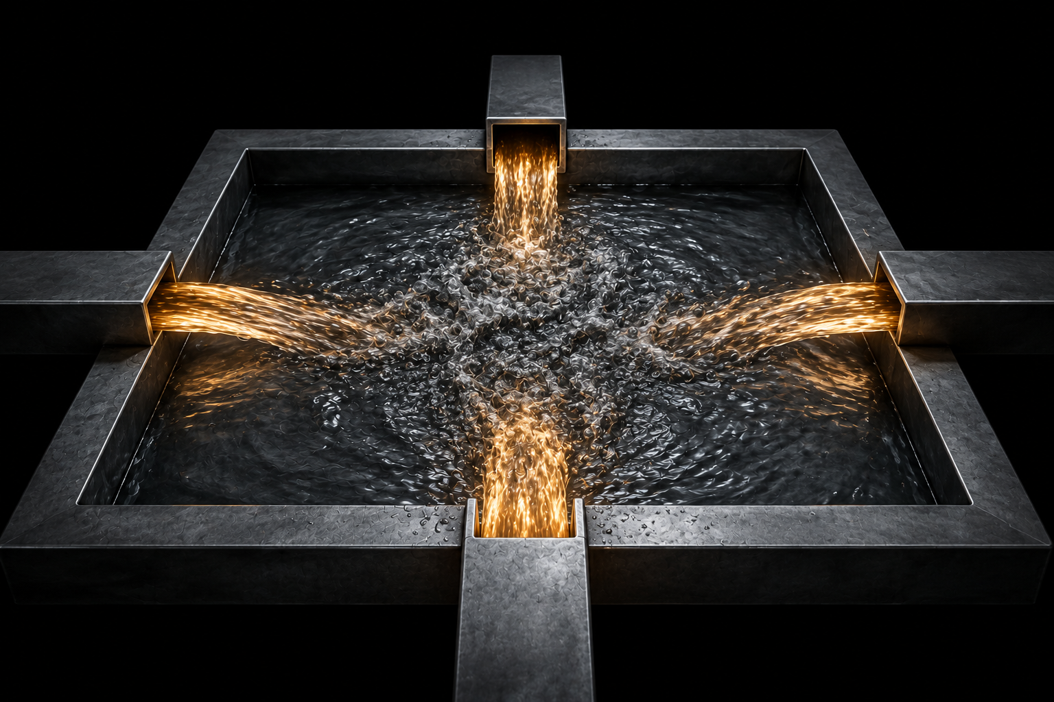 A shallow steel basin where four inflows collide at the centre, churning the surface without changing the level