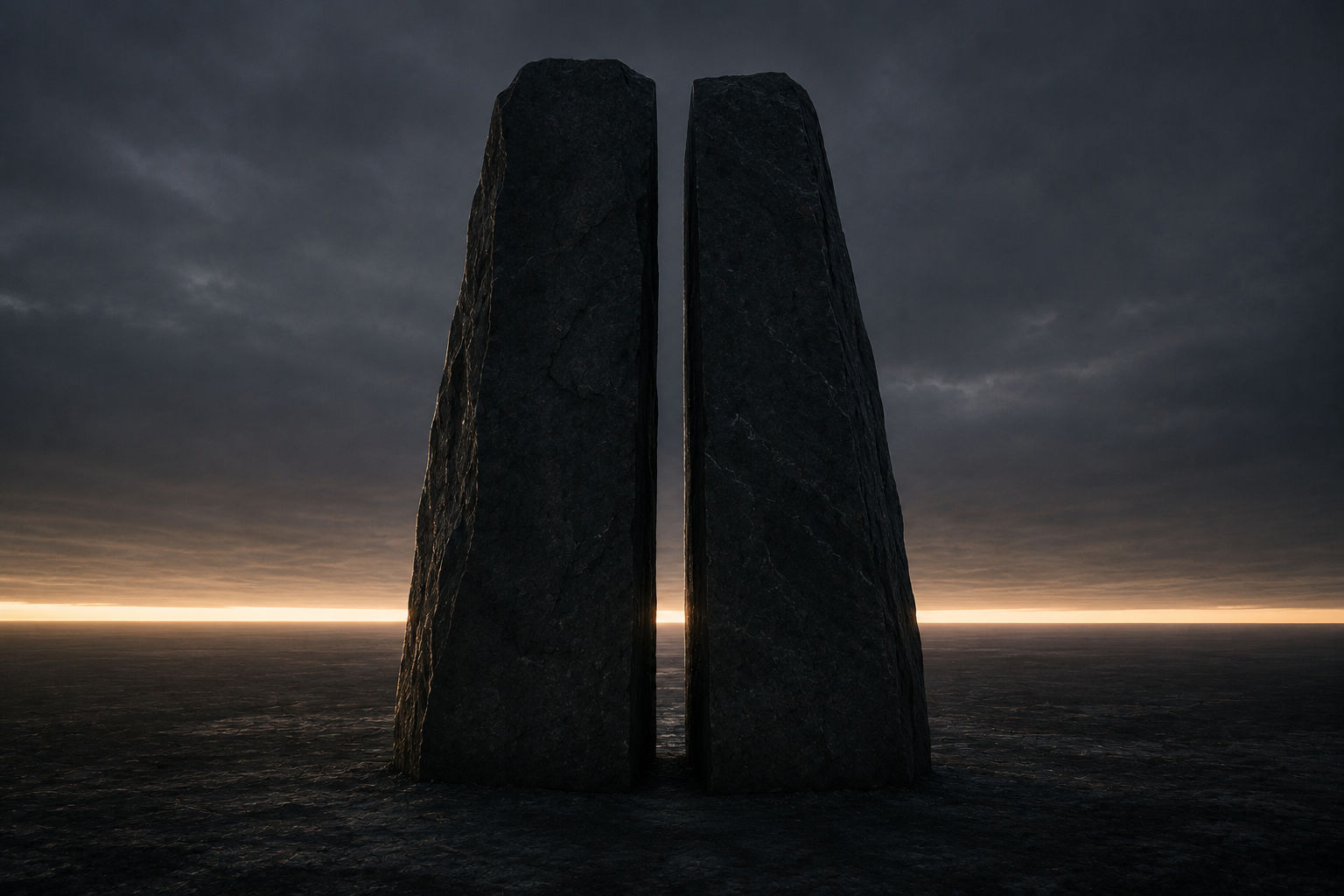 Two tall dark stone monoliths with a narrow gap between them, a thin band of horizon light behind