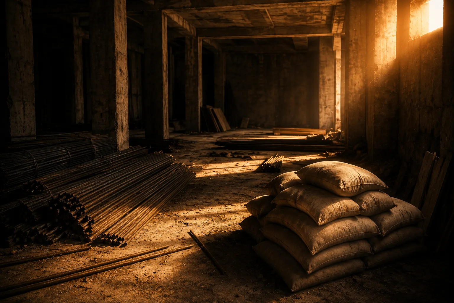 The interior of an abandoned unfinished concrete building with unused steel reinforcing bars and plain unmarked sacks, in warm amber light