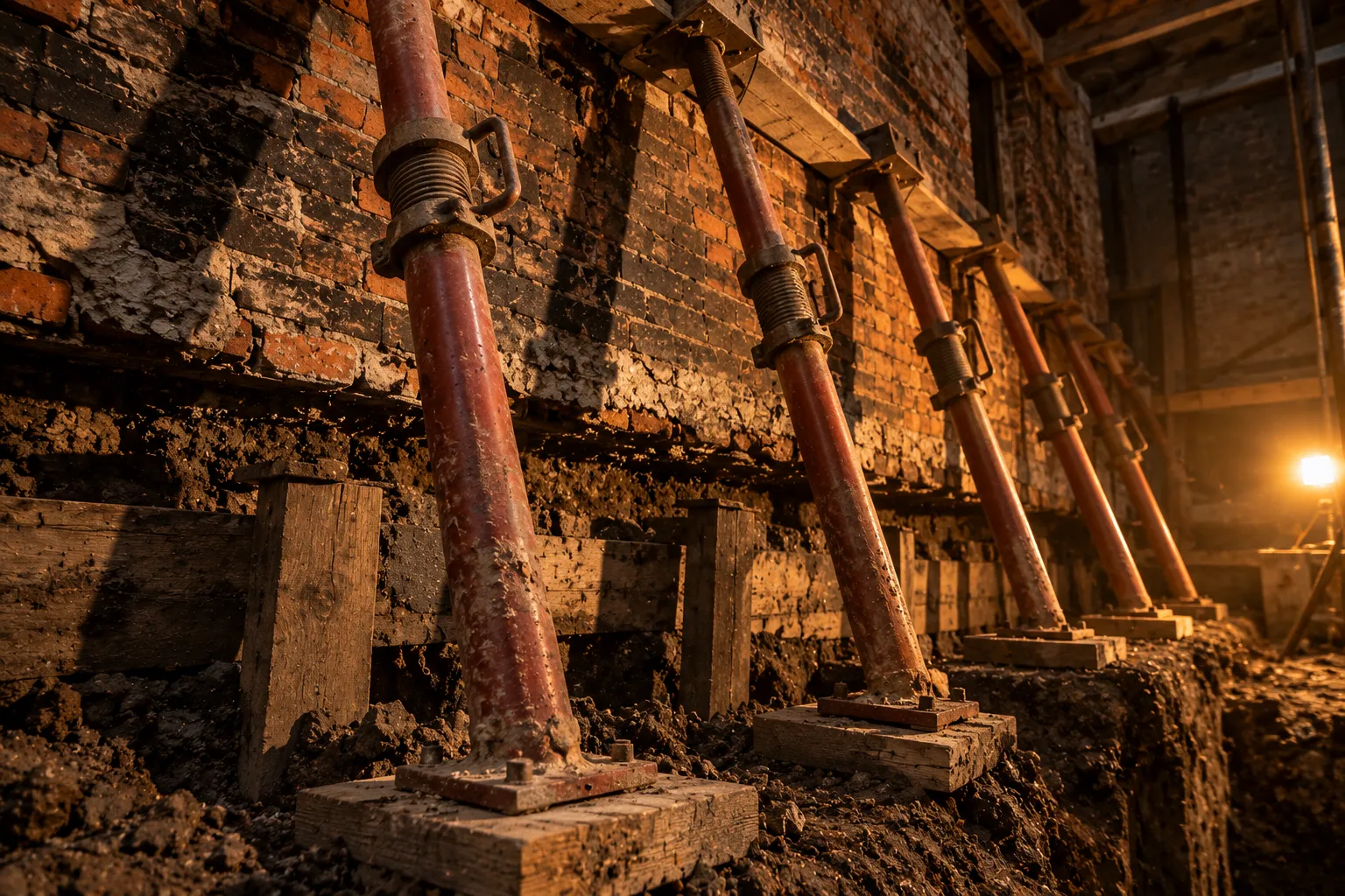 A row of heavy steel props braced beneath a sagging old brick wall over a fresh excavation, lit by one warm amber work lamp.