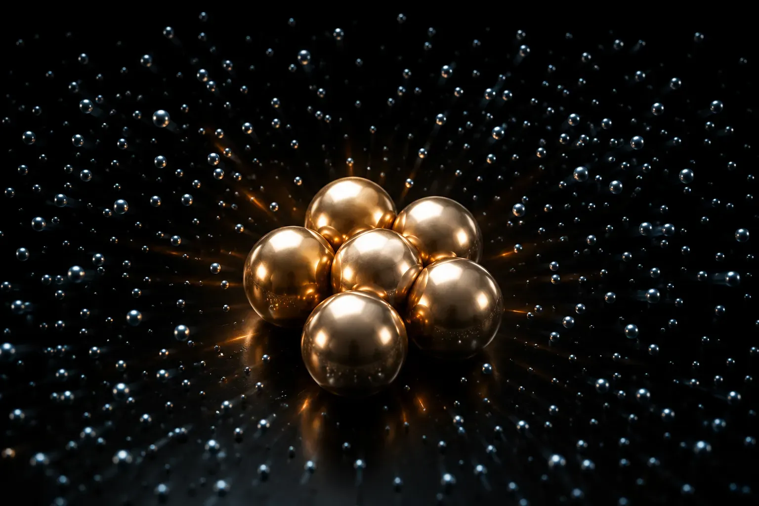 A few large metal spheres drawing together at a centre while a cloud of much smaller ones thins outward
