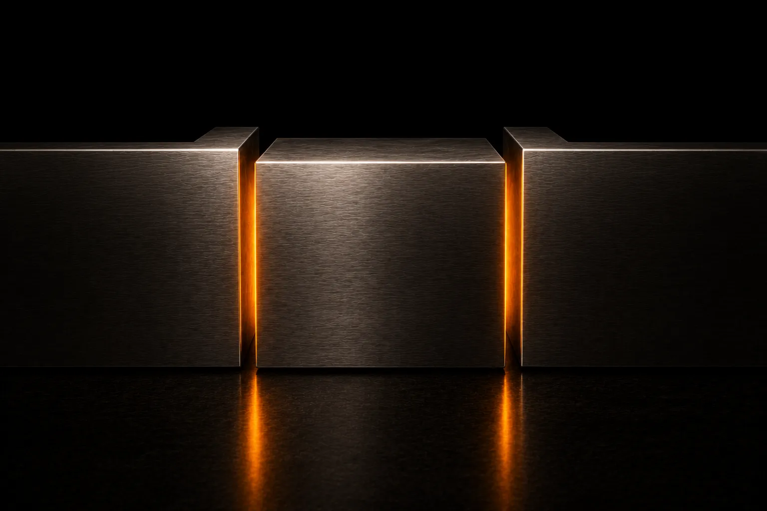 A steel cube clamped between two heavy plates, with thin lines of warm light escaping the seams on either side.
