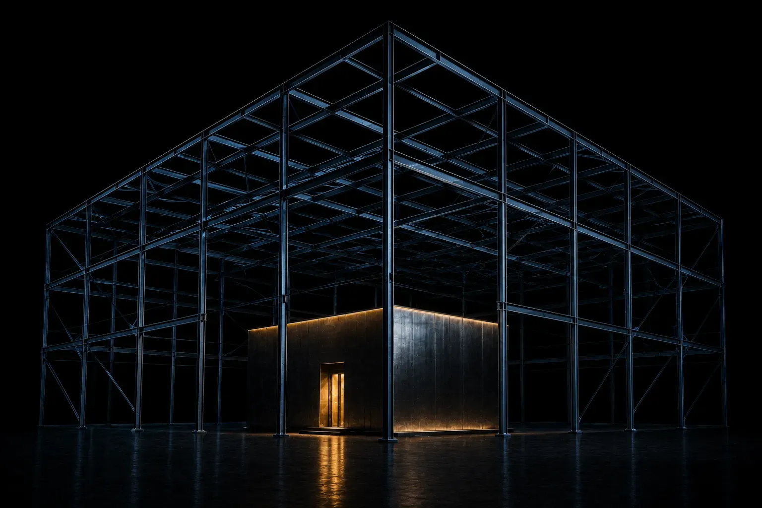 A small solid steel building inside a much larger empty scaffold that outlines a bigger one