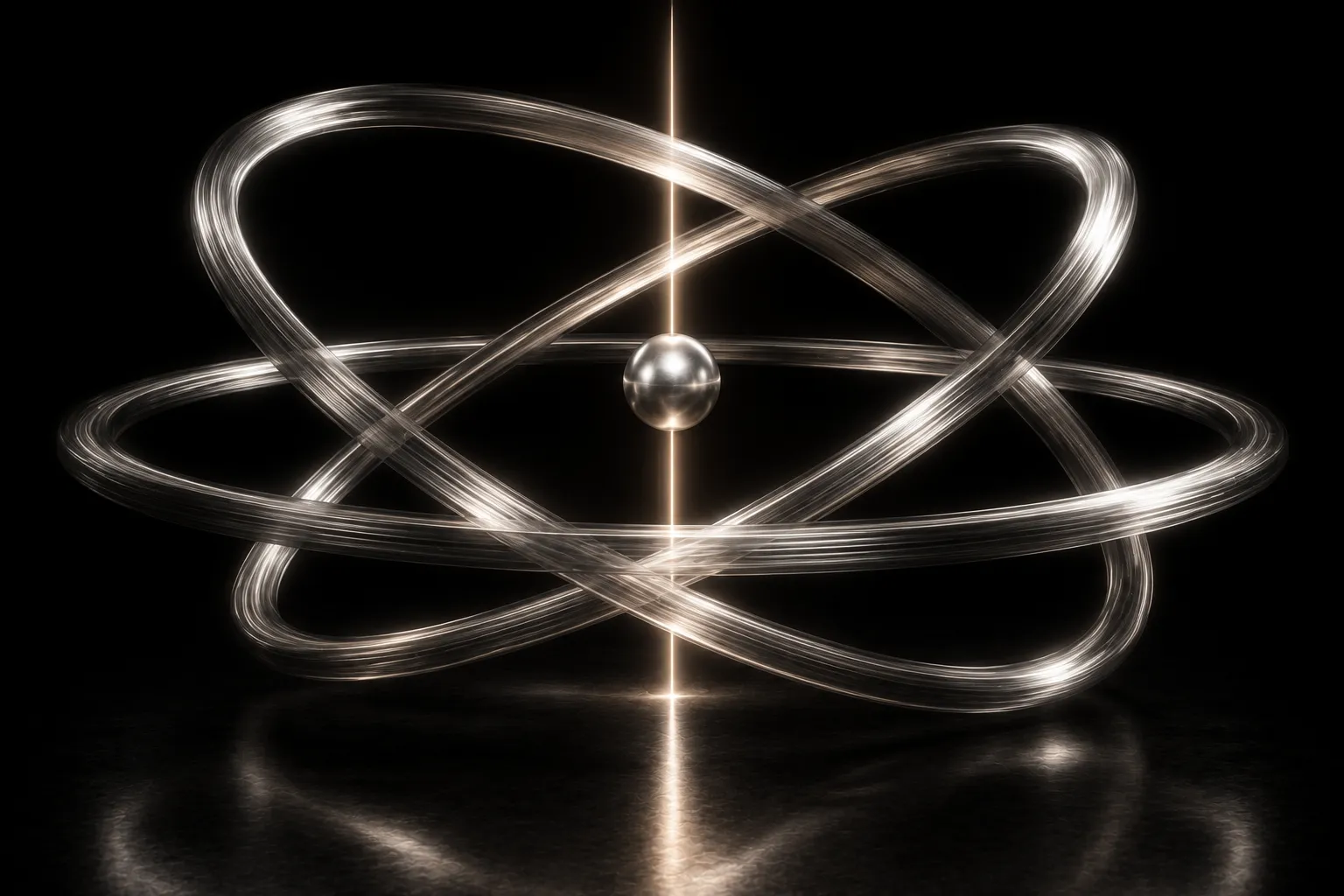 A small polished sphere held at the centre while three far larger steel rings spin around it, blurred into bright arcs.