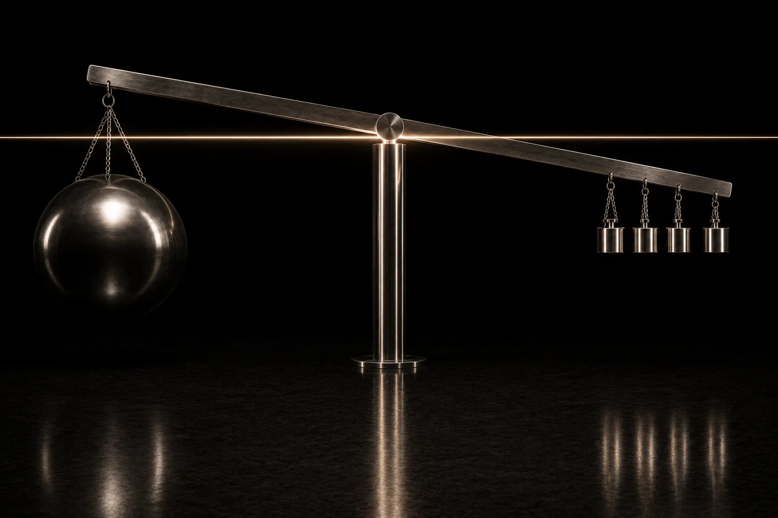 A pivoted steel beam carrying one large dark sphere on the left and four small bright weights on the right, the sphere just risen above a thin line of light marking level.