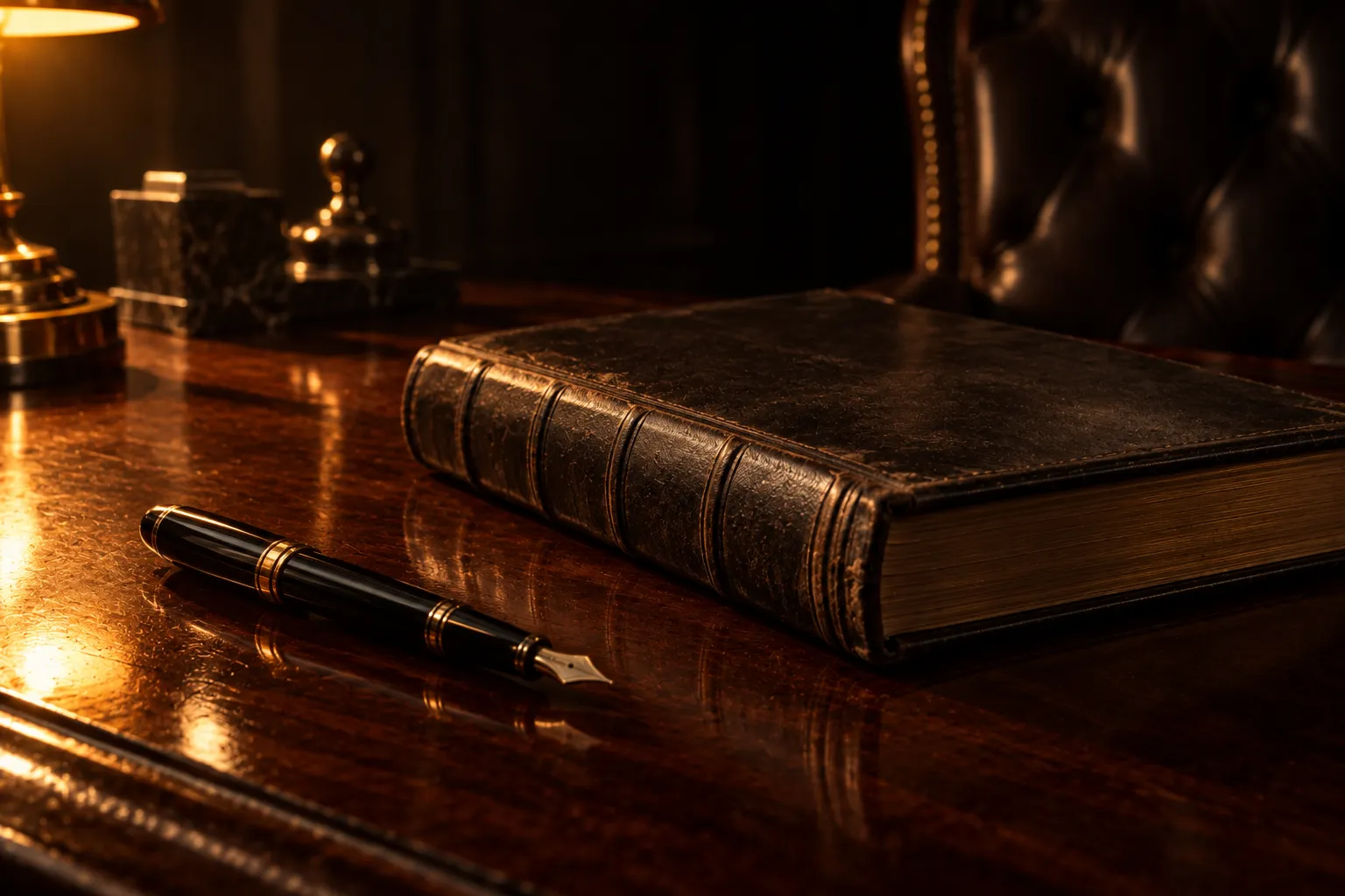 A thick, closed leather-bound volume lying flat on a polished mahogany desk with a fountain pen in the foreground, lit from the left by a single warm amber source.