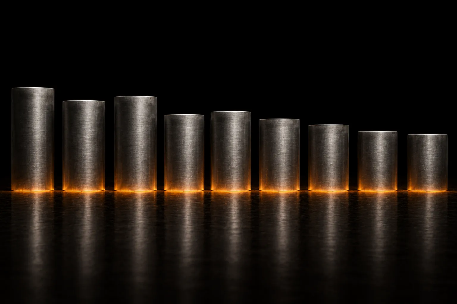 A row of short steel columns of uneven height, cut off low, with only a faint warm glow along the floor at their bases.