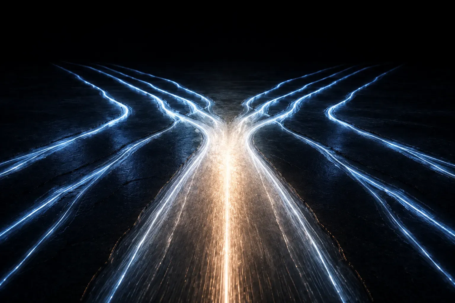 Thin streams of blue light converging into one wide bright channel on a dark surface