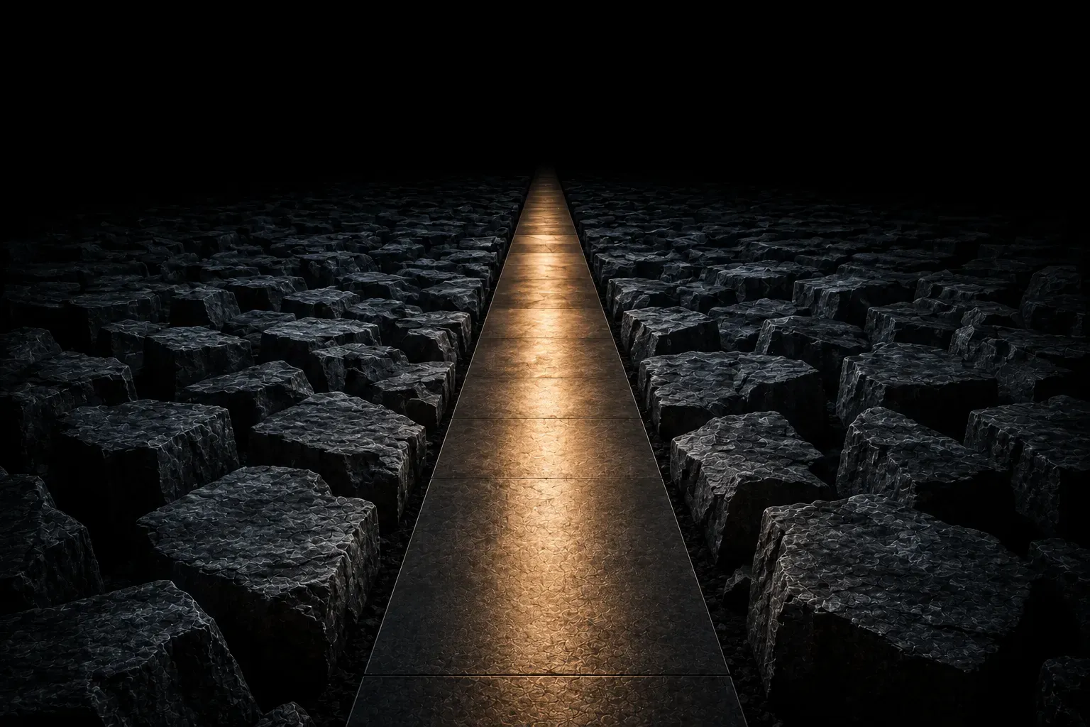 A smooth narrow path cut through a dark field of rough stone blocks