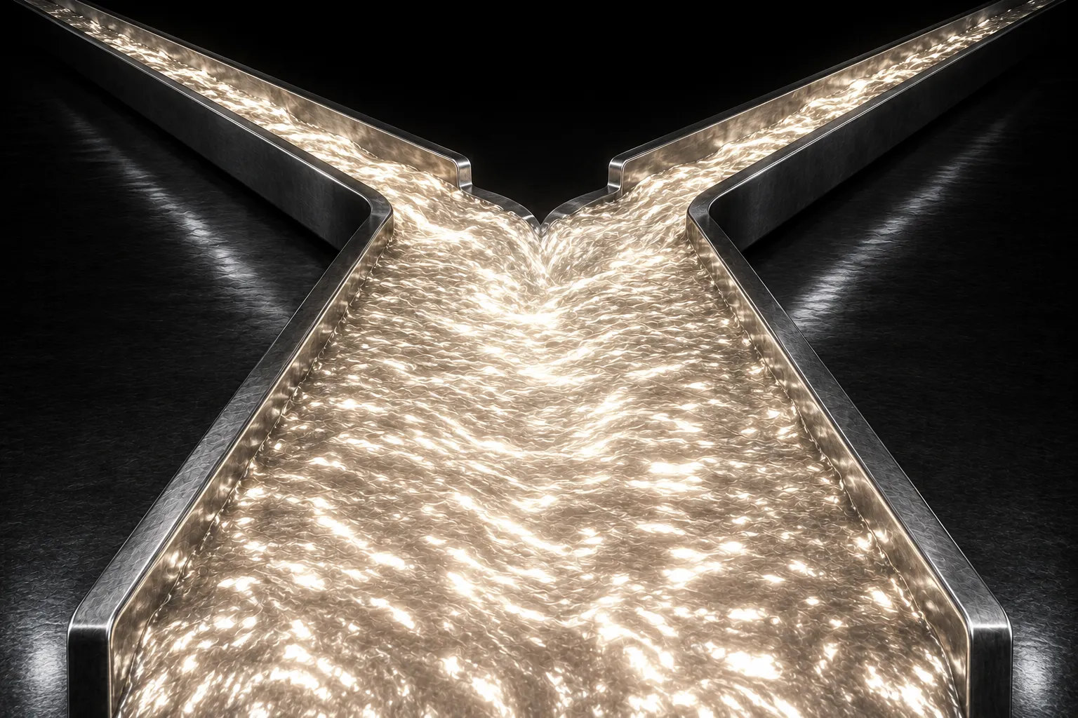 Two narrow steel channels converge into a single much wider channel that is filled to its brim and running fast.