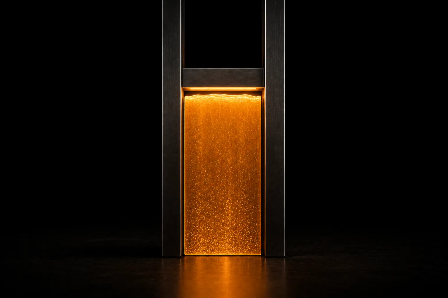 A steel channel filled with glowing liquid whose surface has risen close to a heavy horizontal bar above it.