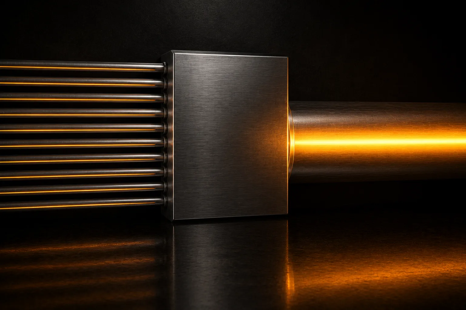 Many thin steel conduits carrying threads of light arrive at a junction block and leave as one bright channel.