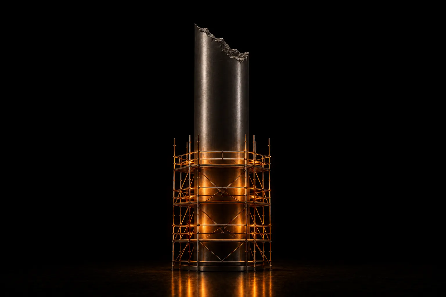 A steel column sheared off high above, dark at the break, with a new warmly lit scaffold being built around its base.