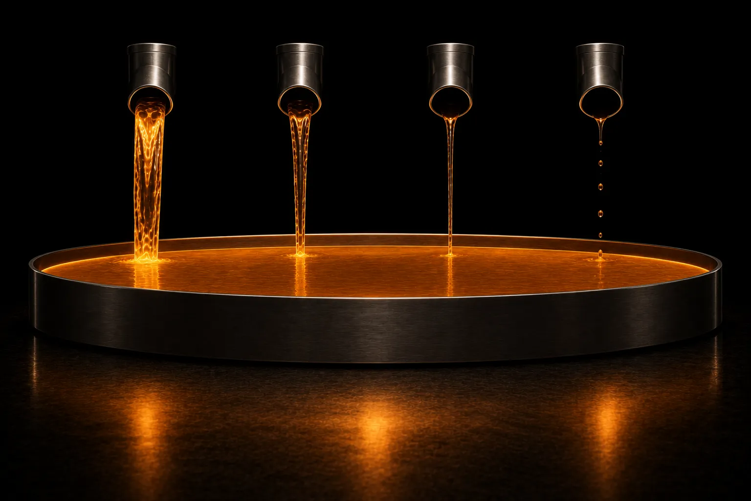 Four steel spouts pouring into one basin at clearly different rates, while the glowing surface below stays perfectly level.