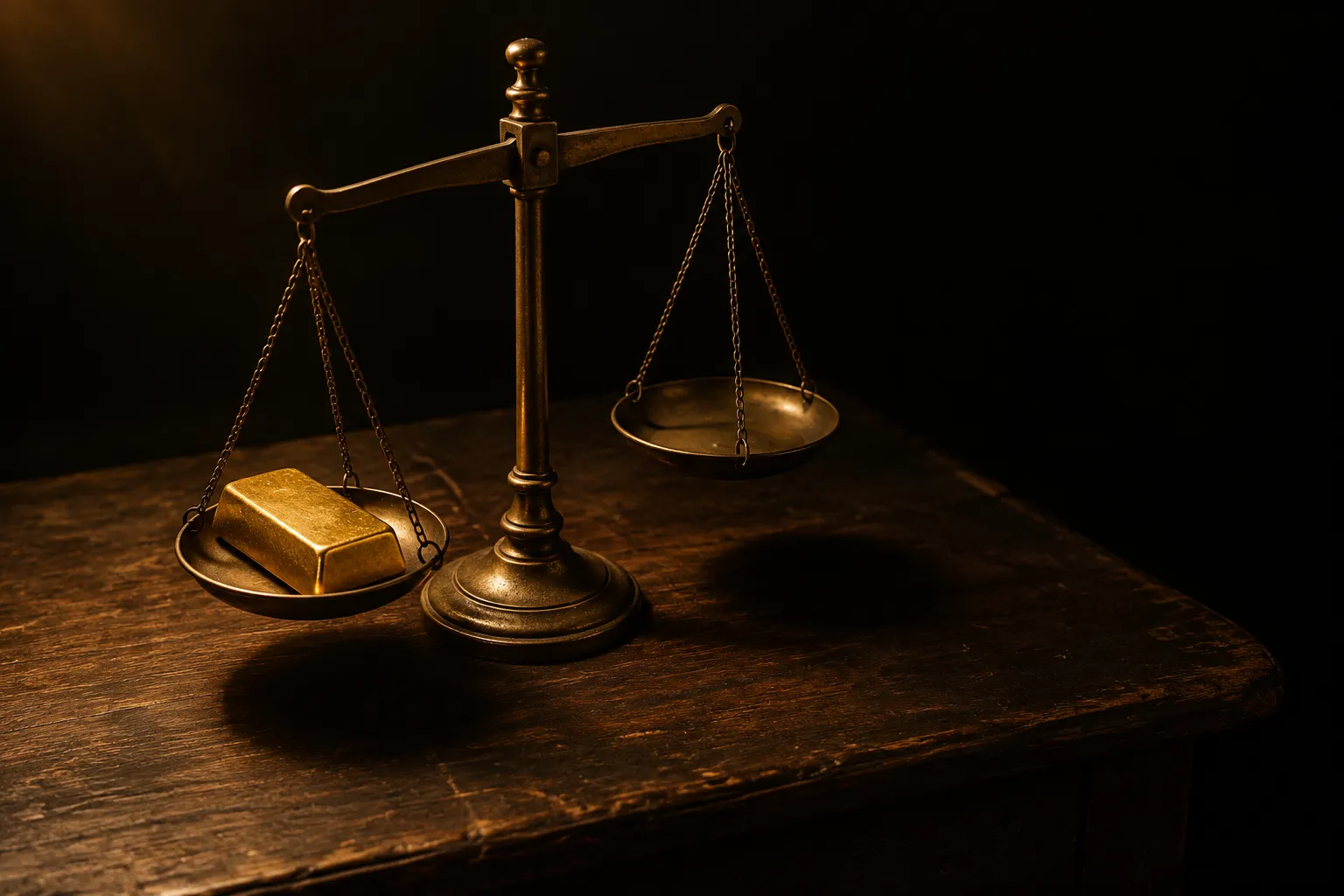 An antique brass balance scale on a dark wooden desk, one pan holding a single gold bar and the other empty, lit by a warm amber light
