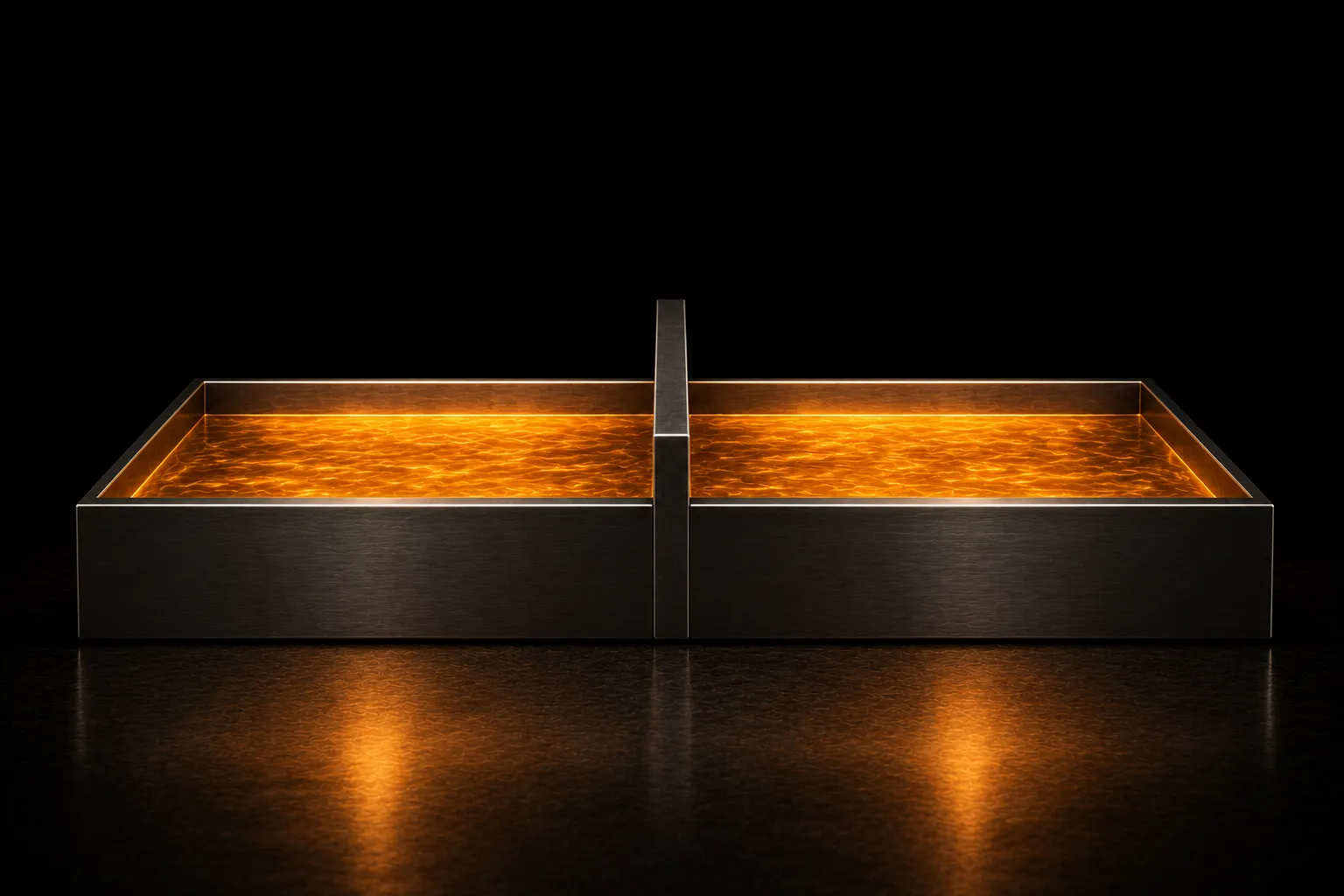 A steel basin divided down the middle by a solid wall, both halves full of glowing liquid and kept separate.