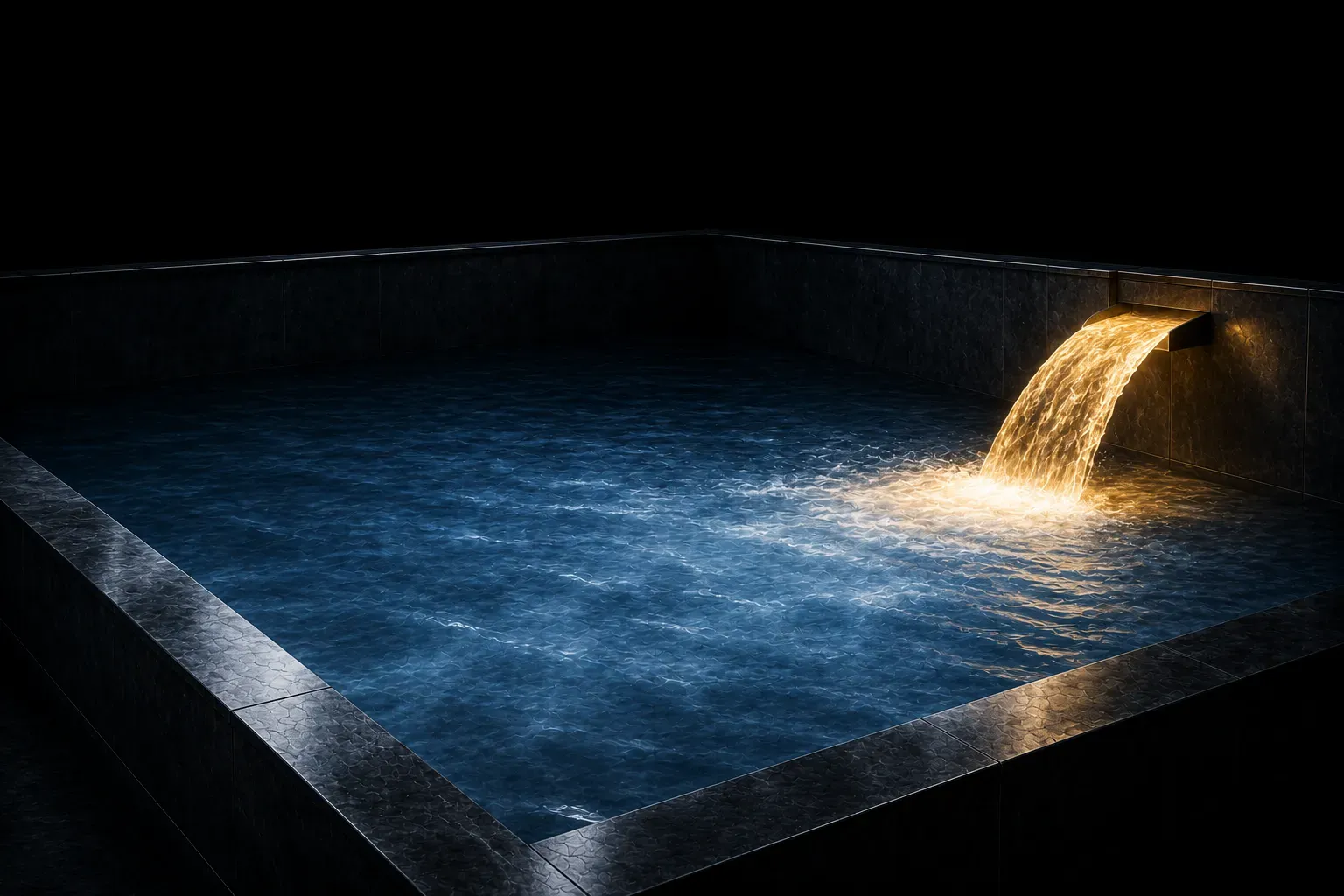 A wide stream of glowing liquid pouring into a dark stone basin, the level visibly rising