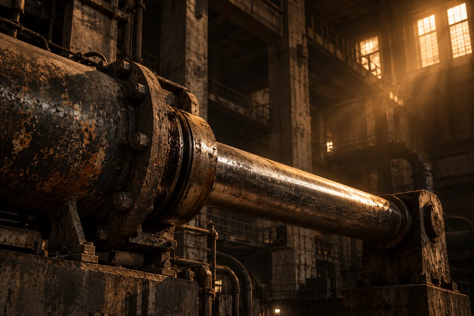 A massive rusted hydraulic piston, fully extended and still, in an abandoned power station, raked by warm amber light from a high window.