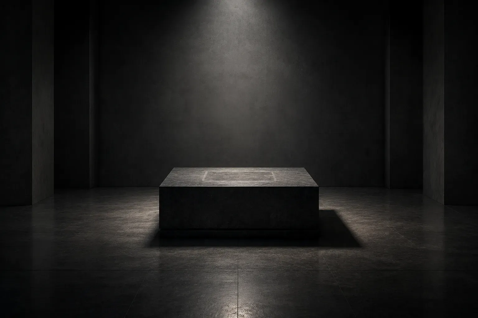 An empty stone plinth in a dark hall, a cleaner rectangle marking what stood there