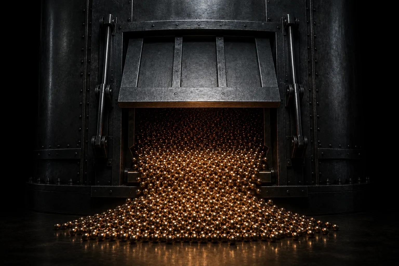 A steel sluice gate lifting as the first dense stream of metal spheres spills out beneath it