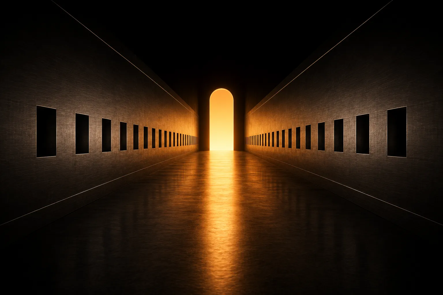 A steel corridor whose many small side openings are dark, lit only by one tall archway at the far end.