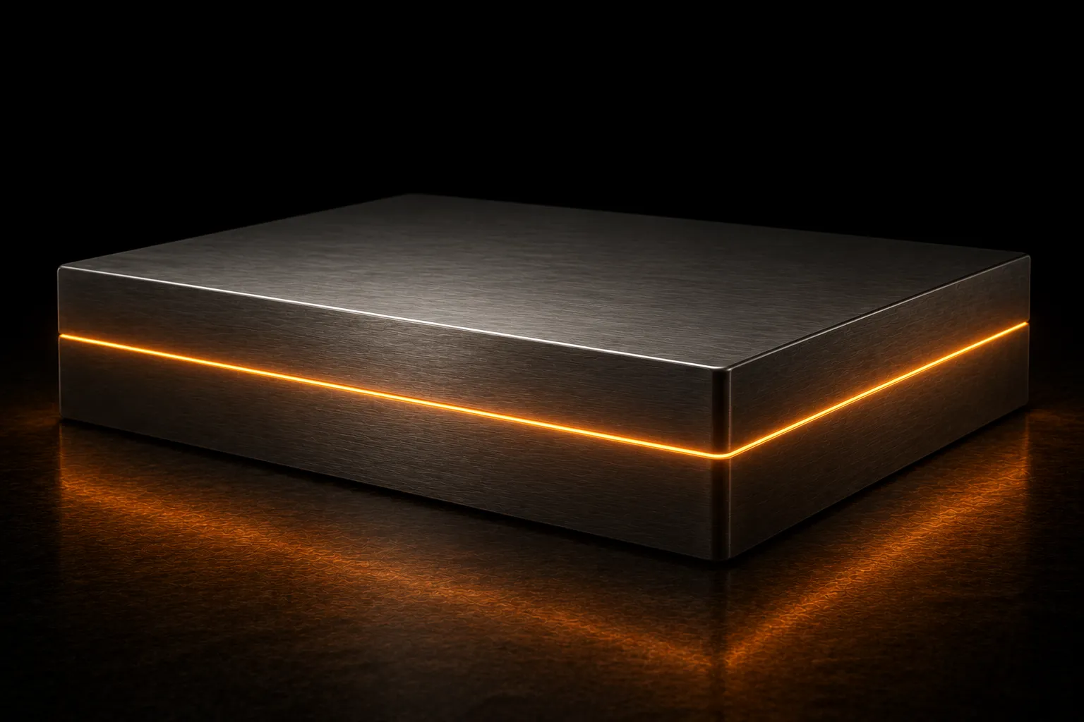 A closed brushed-steel case on a dark floor with a thin unbroken line of warm light escaping from the seam of its lid.