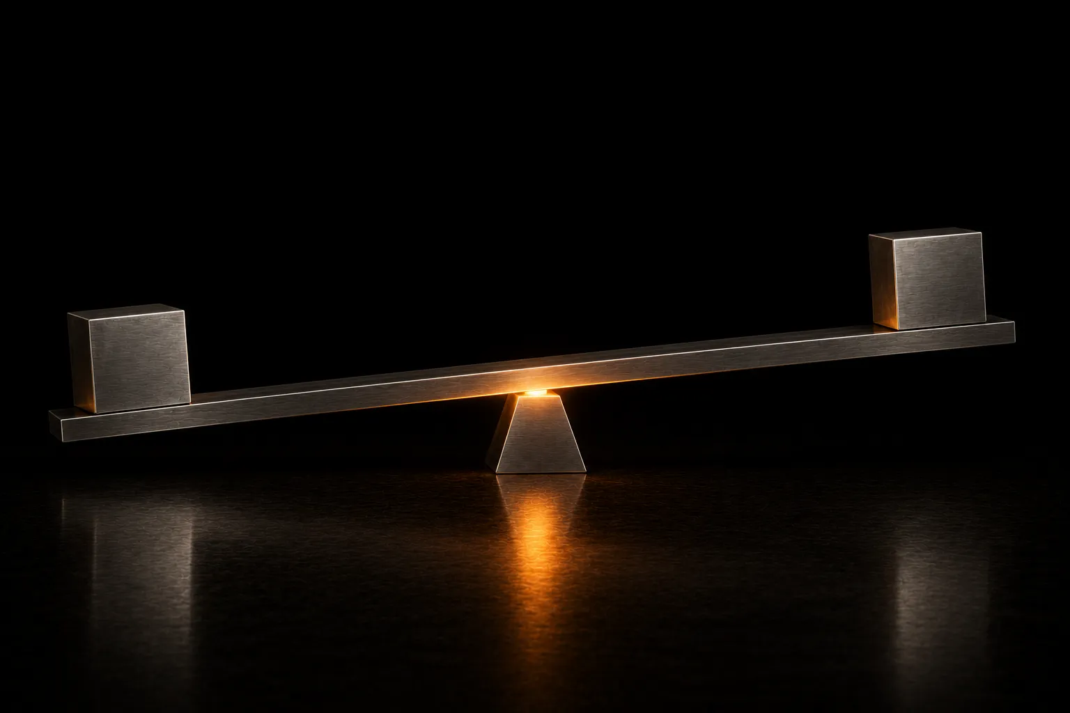 A steel beam on a central fulcrum with a matching cube at each end, tipped so the left one sits lower, warm light beneath the pivot.