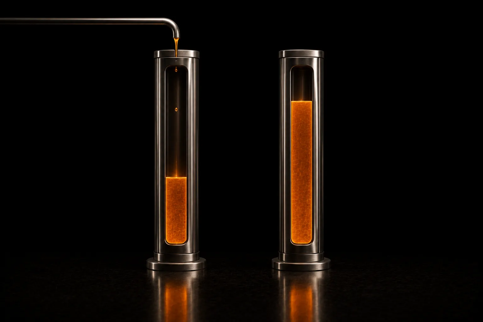 Two gauge columns of glowing liquid side by side, the left one lower than the right even though a pipe is still feeding it.
