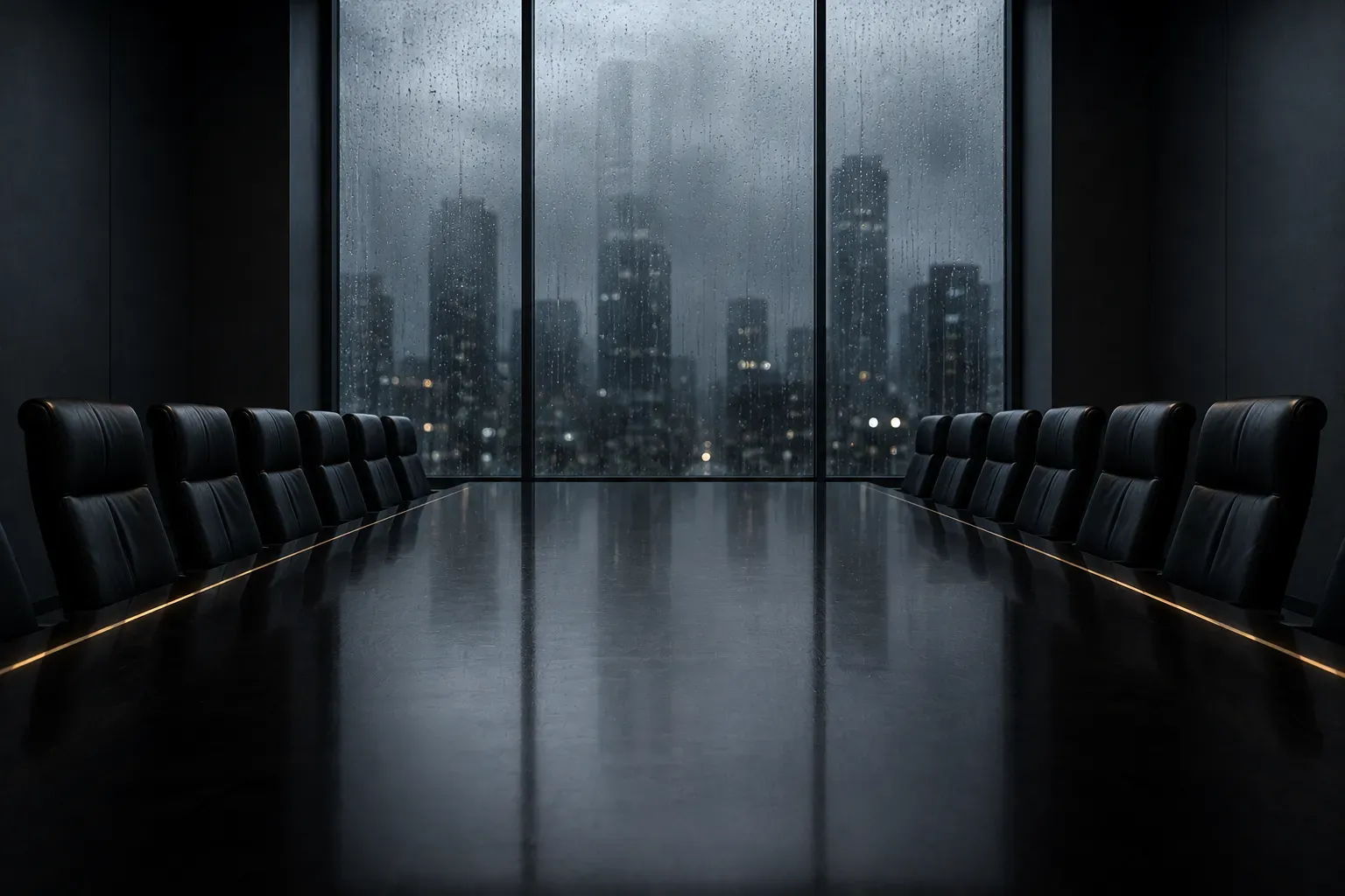 An empty boardroom seen down a long polished table, rain on the window and a dark city beyond