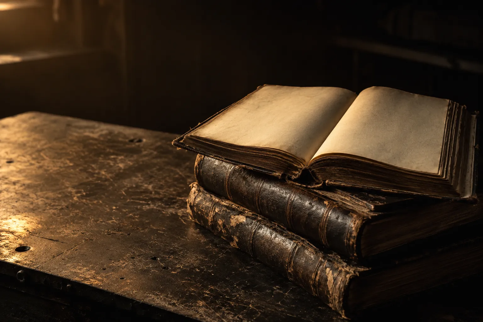 An open, blank-paged ledger resting on two closed leather-bound volumes on a scuffed dark table, lit from the side by a single warm amber beam.