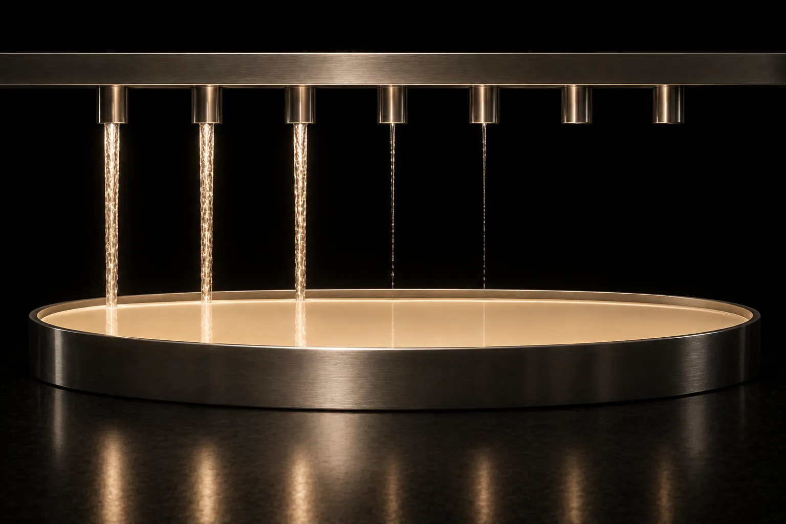 A wide steel basin holding a perfectly flat glowing level while a row of spouts above it runs unevenly, some strong, some dry.
