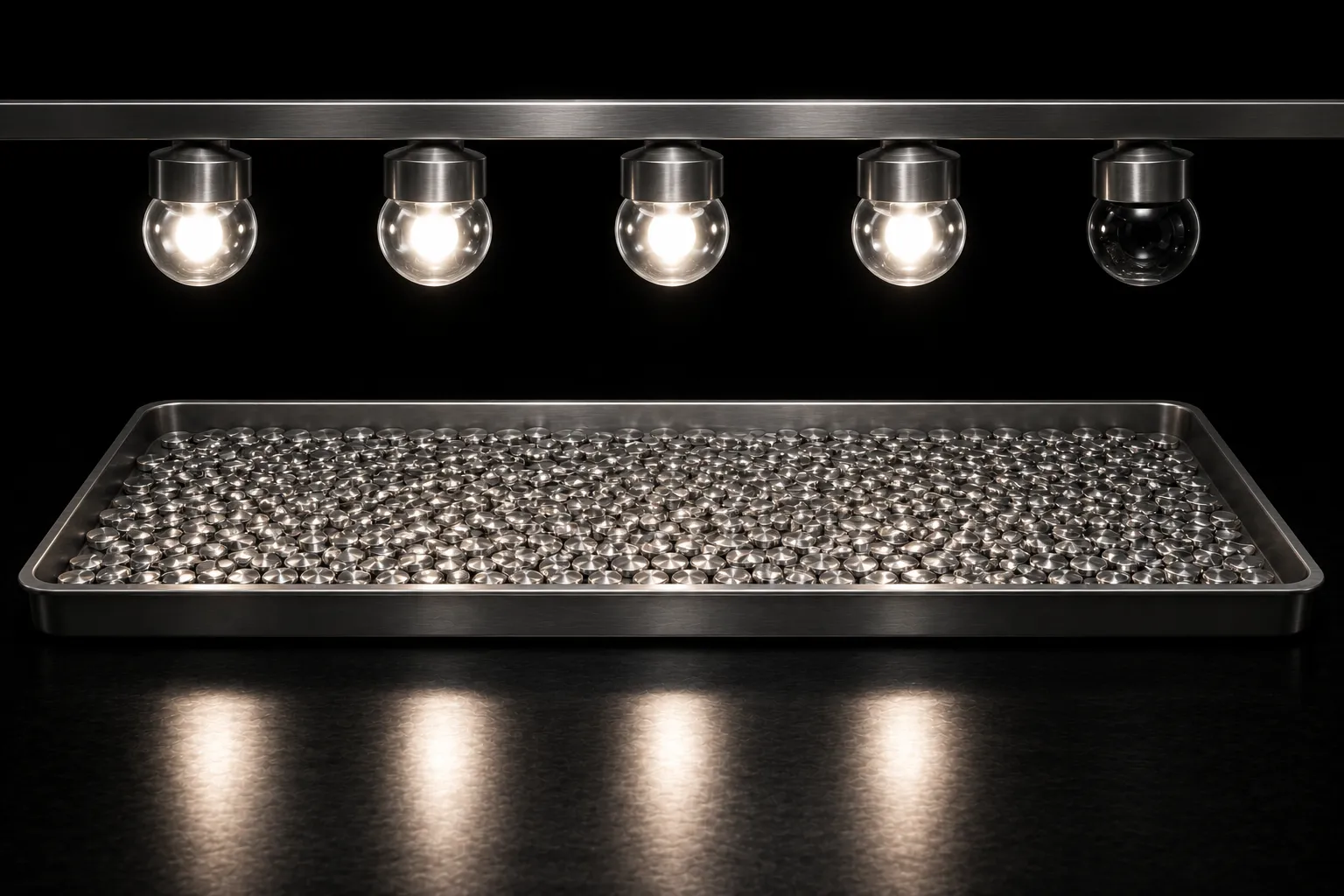 A wide steel tray holding hundreds of identical polished discs, lit by a row of five lamps above it of which the fifth is dark.