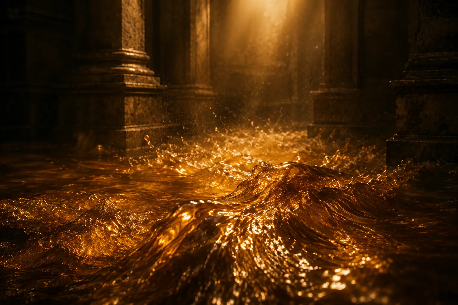 A turbulent flow of molten amber liquid surging through a vast bare stone chamber lit from high above